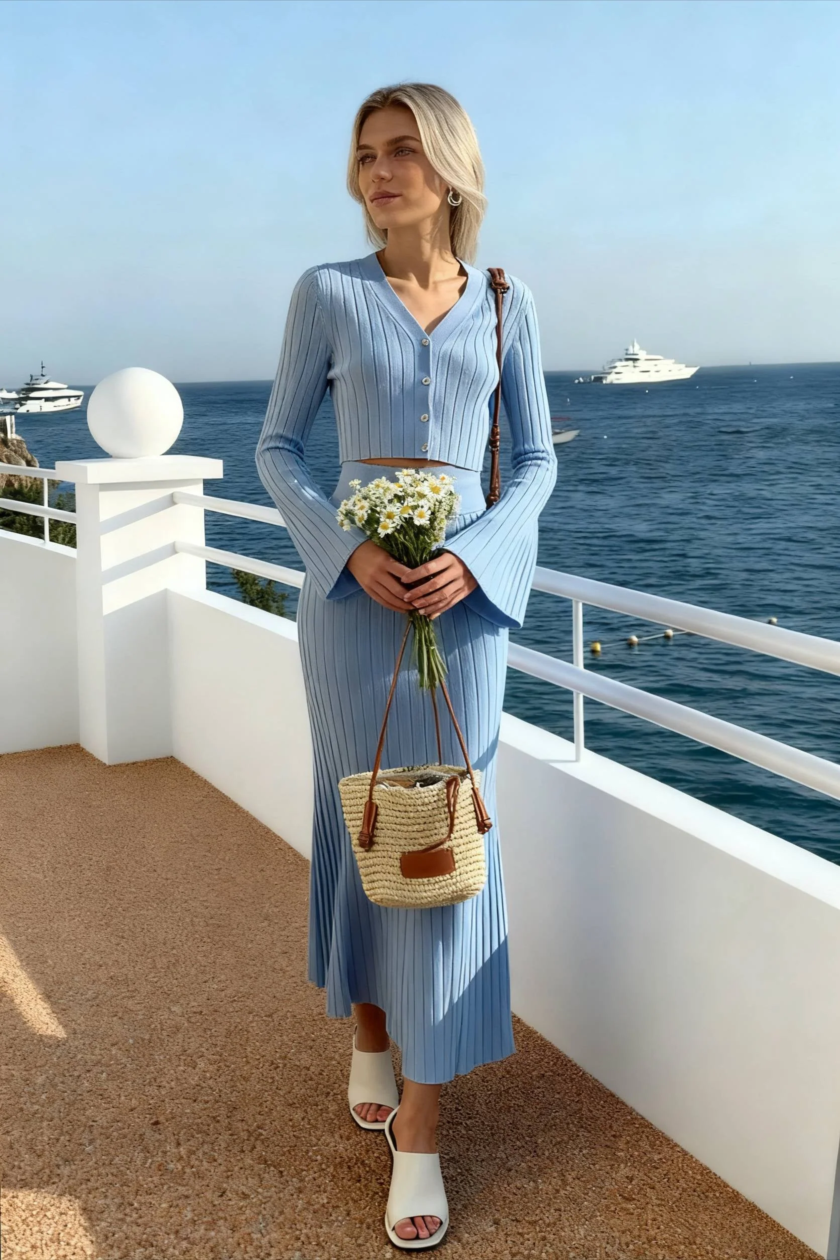 V Neck Knit Cardigan Slim Skirt Two Piece Set - Image 4