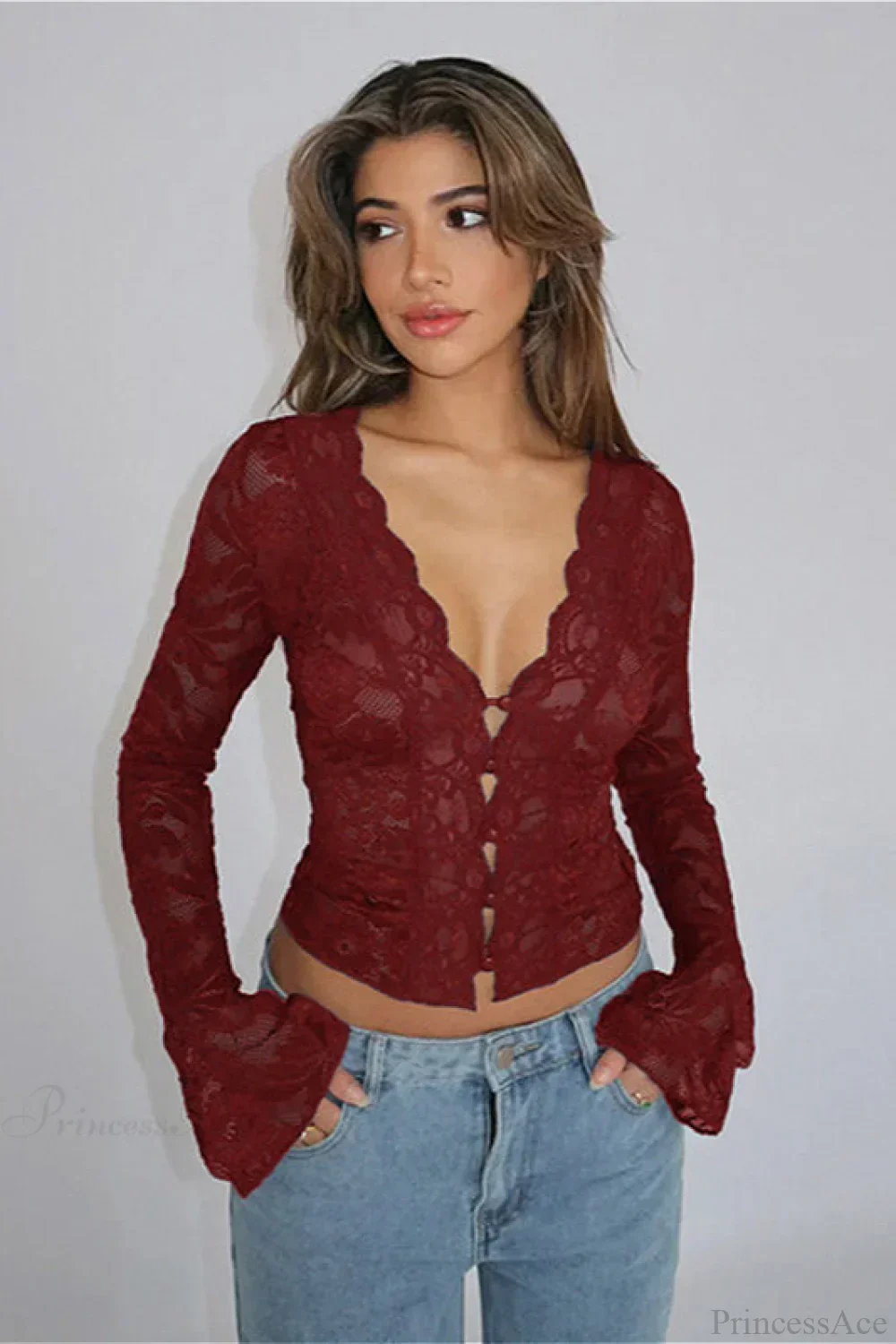 V-Neck Lace Fitted Long Sleeve Tee - Image 4
