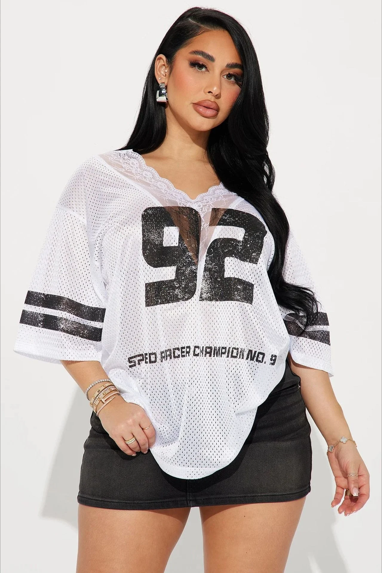 V Neck Lace Print Loose Casual T-shirt - Image 4