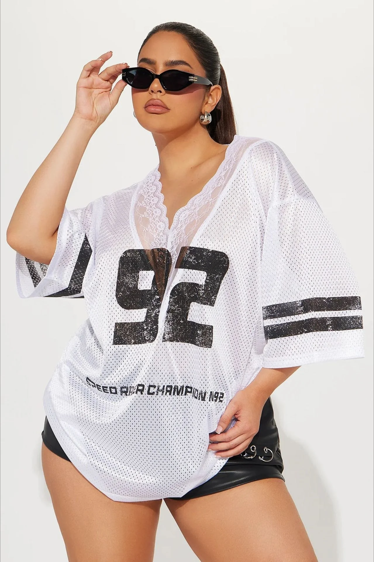 V Neck Lace Print Loose Casual T-shirt - Image 5