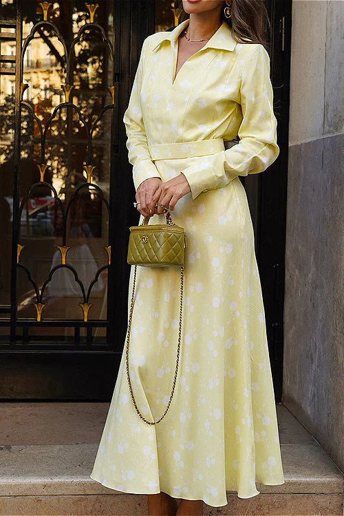 V Neck Long Sleeve Digital Print A Line Floral Dress - Image 5