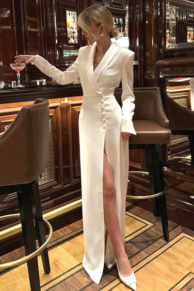 V Neck Long Sleeve High Slit Blazer Maxi Dress - Image 2