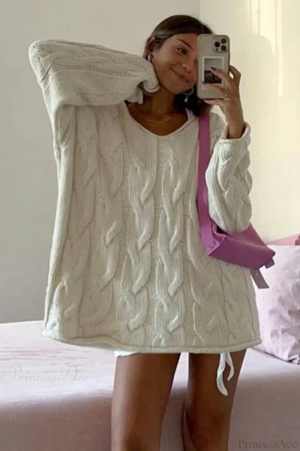 Vintage V-neck Loose Mid-length Cable Knit Long Sleeve Sweater - Image 4