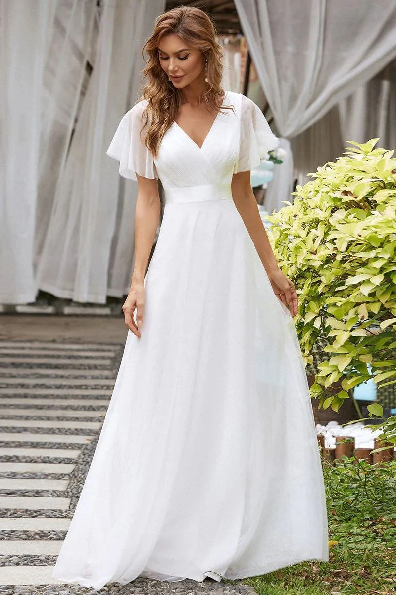 V Neck Mesh Elegant Ruffle Long Reception Dress - Image 4