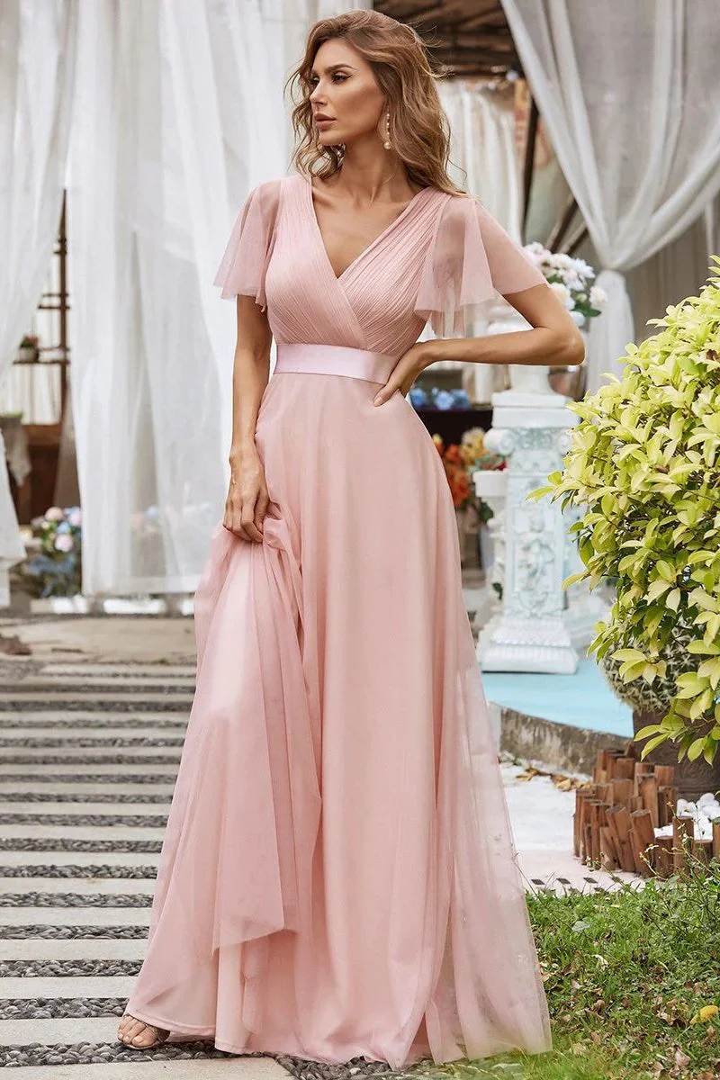 V Neck Mesh Elegant Ruffle Long Reception Dress - Image 5