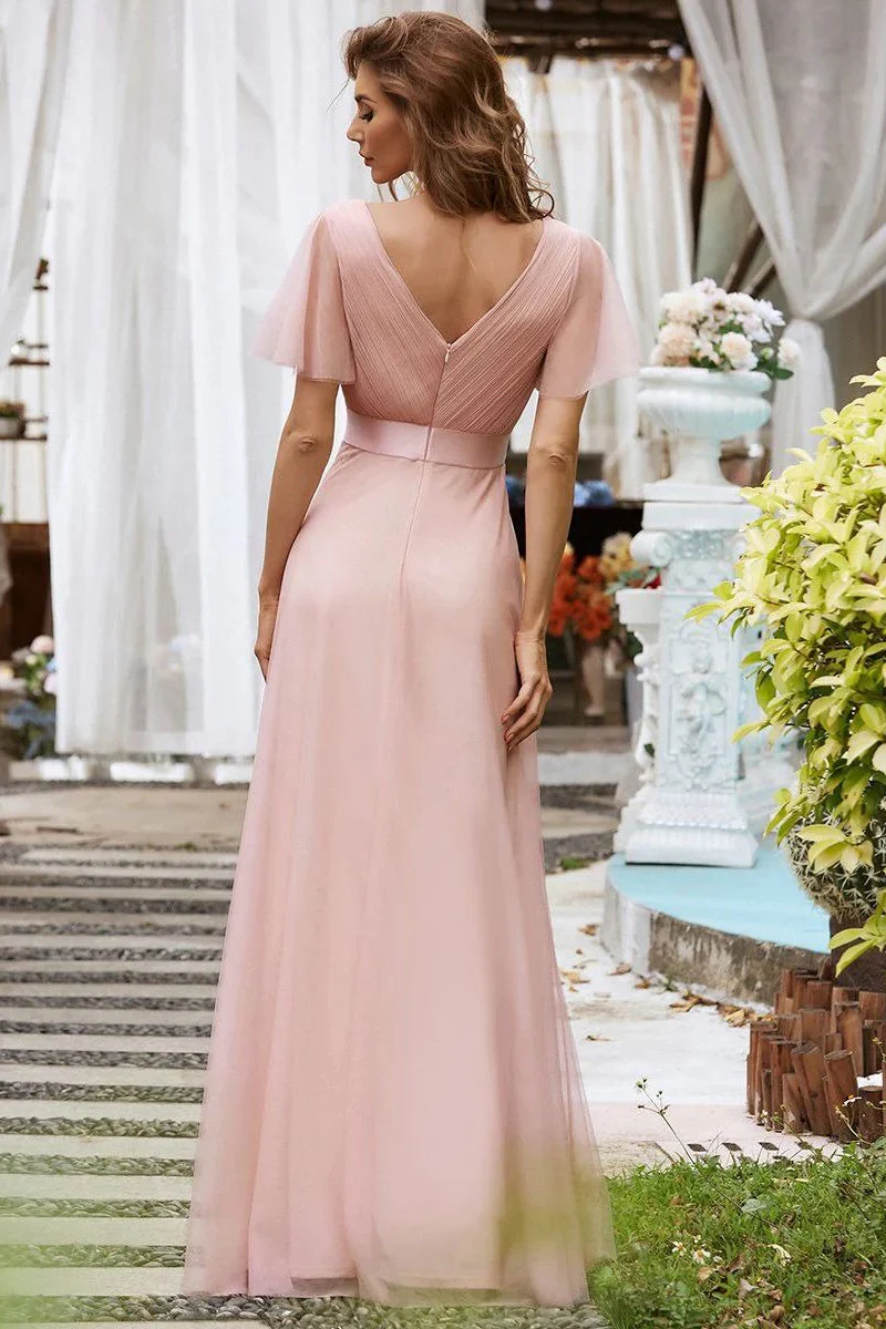 V Neck Mesh Elegant Ruffle Long Reception Dress - Image 6