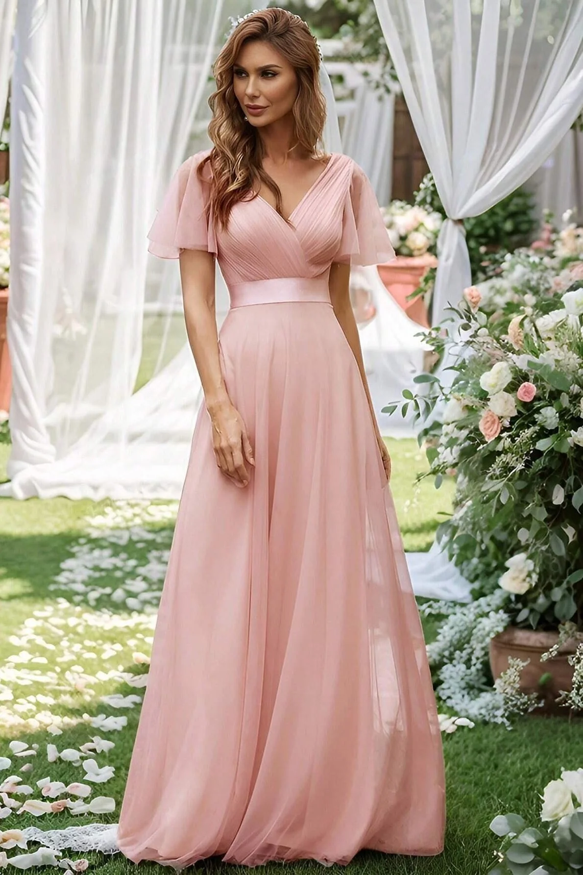 V Neck Mesh Elegant Ruffle Long Reception Dress - Image 7