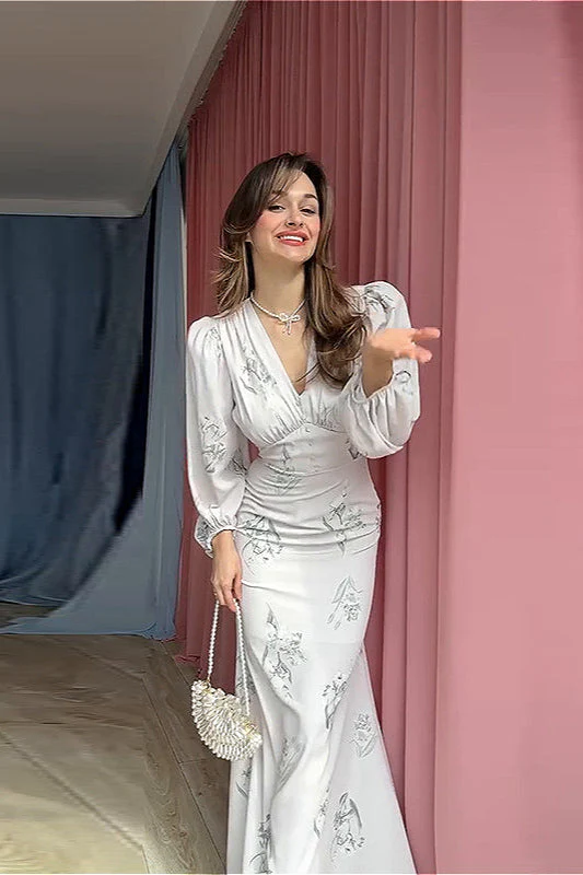 V Neck Printed Waist Belted Elegant Long Sleeve Slim Maxi Floral Dress - Image 3