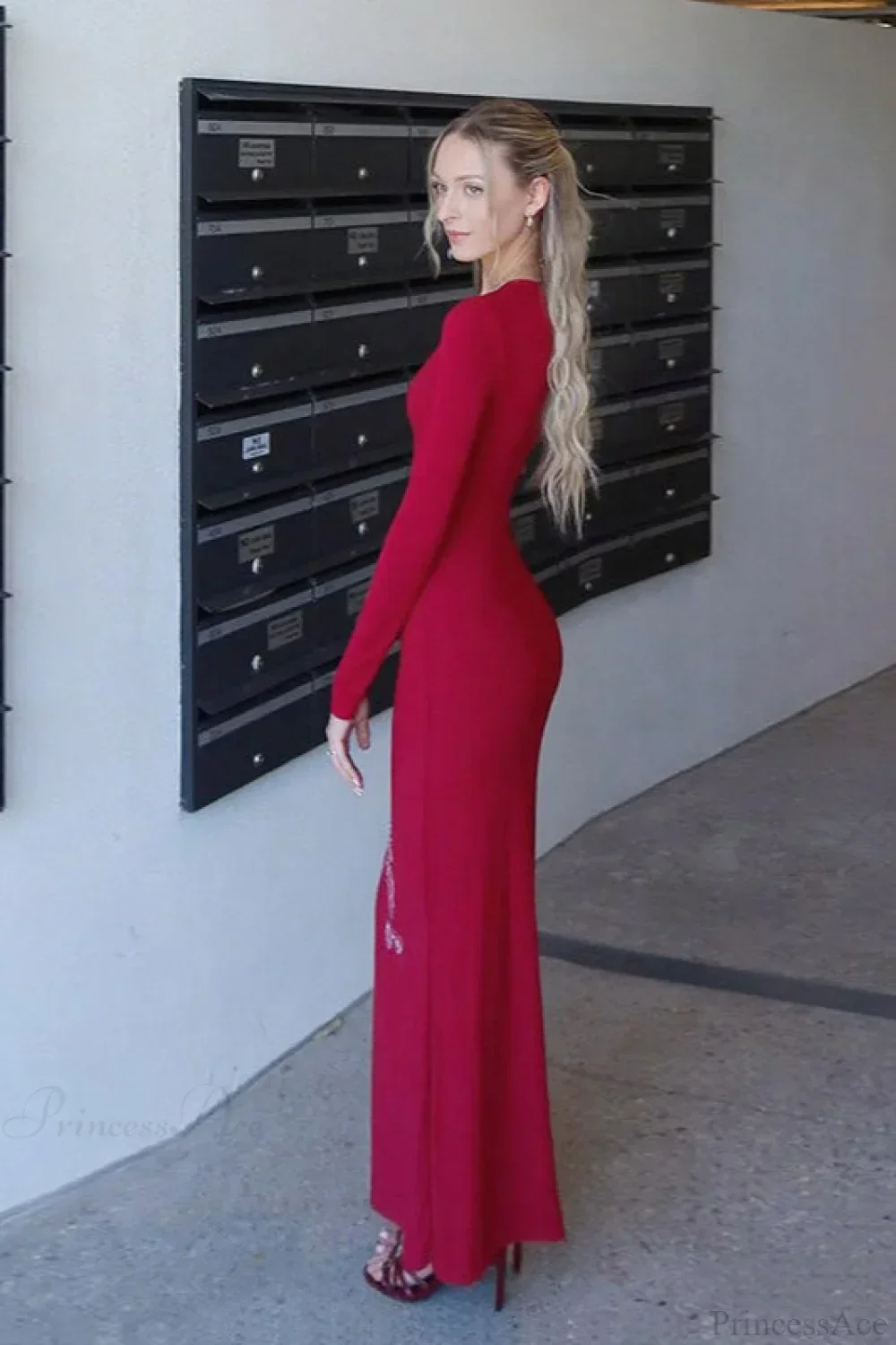 V Neck Rhinestone Fitted Maxi Dress - Image 4