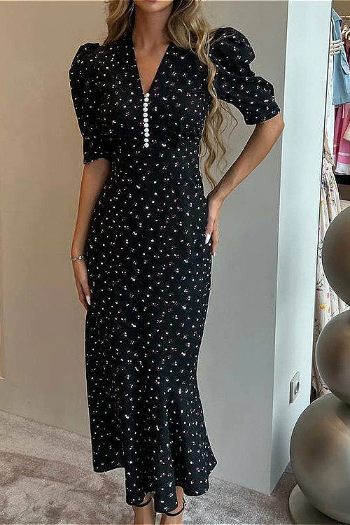 V Neck Ruffled High Waist Short Sleeve Floral Dress - Image 5
