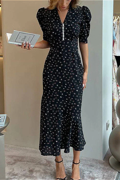 V Neck Ruffled High Waist Short Sleeve Floral Dress - Image 6