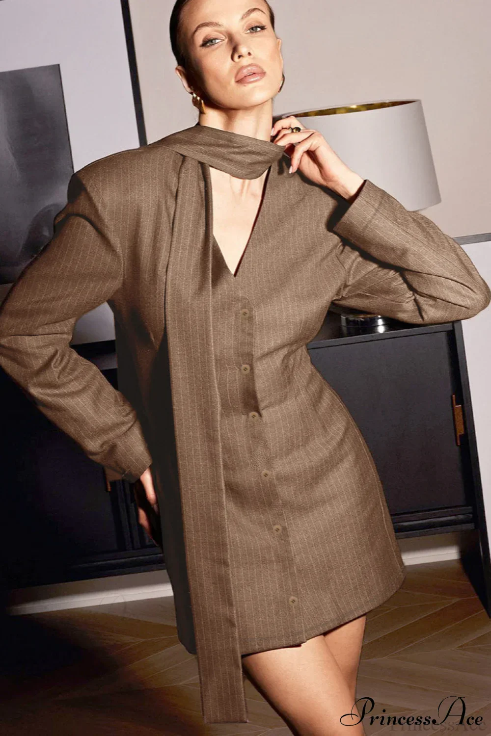 V Neck Sash Sleek Blazer Mini Dress - Image 2