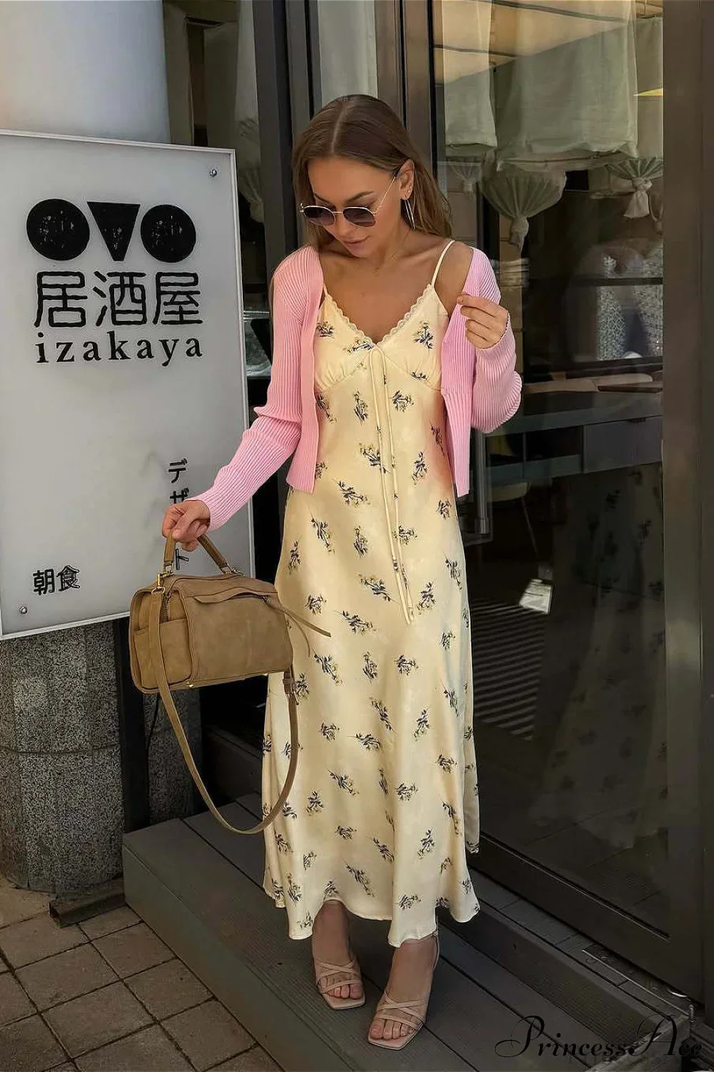 V Neck Satin Cami Ruched Tie Floral Dress - Image 2