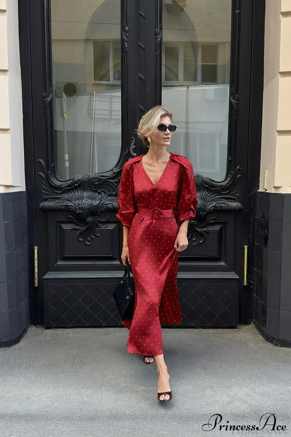 V Neck Satin Ruched Mermaid Maxi Dress - Image 3