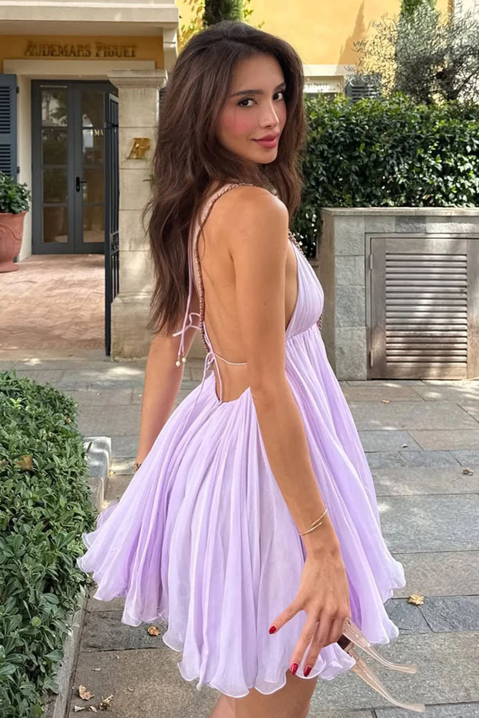 V Neck Sexy Tie A-Line Ruffled Mini Dress - Image 2