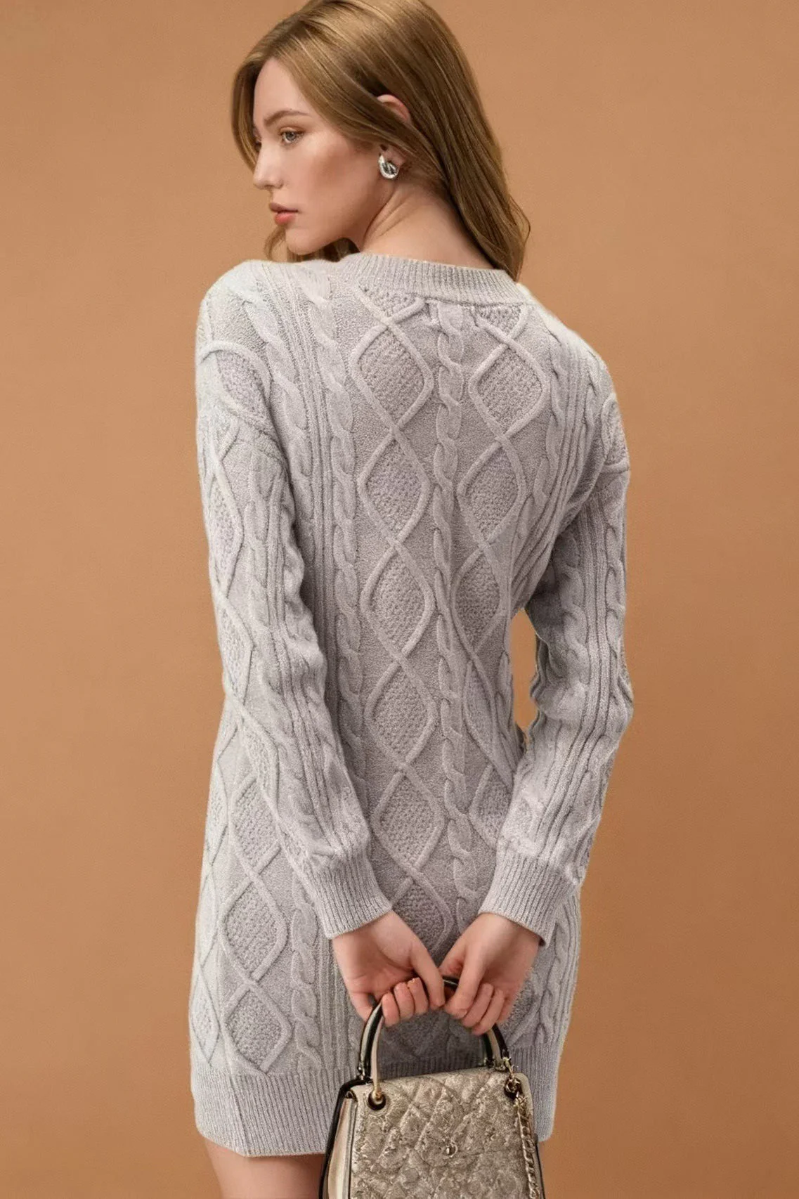 V-Neck Solid Cable-Knit Sweater Mini Dress - Image 11