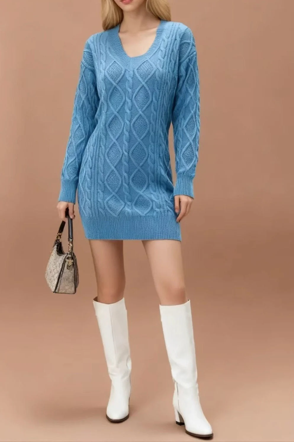 V-Neck Solid Cable-Knit Sweater Mini Dress - Image 3