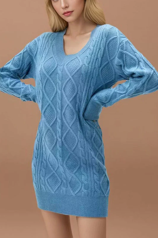 V-Neck Solid Cable-Knit Sweater Mini Dress - Image 5