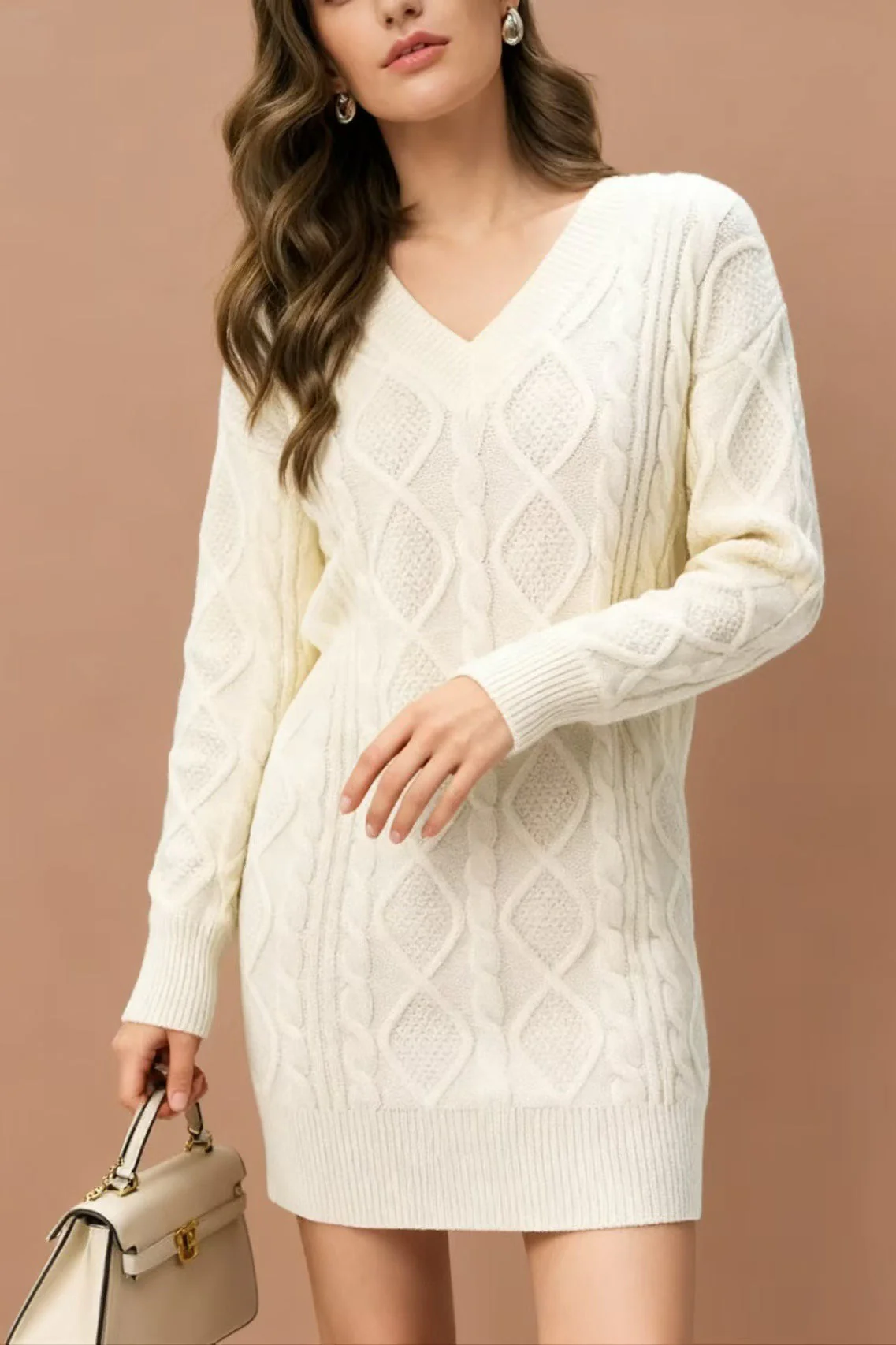 V-Neck Solid Cable-Knit Sweater Mini Dress - Image 6
