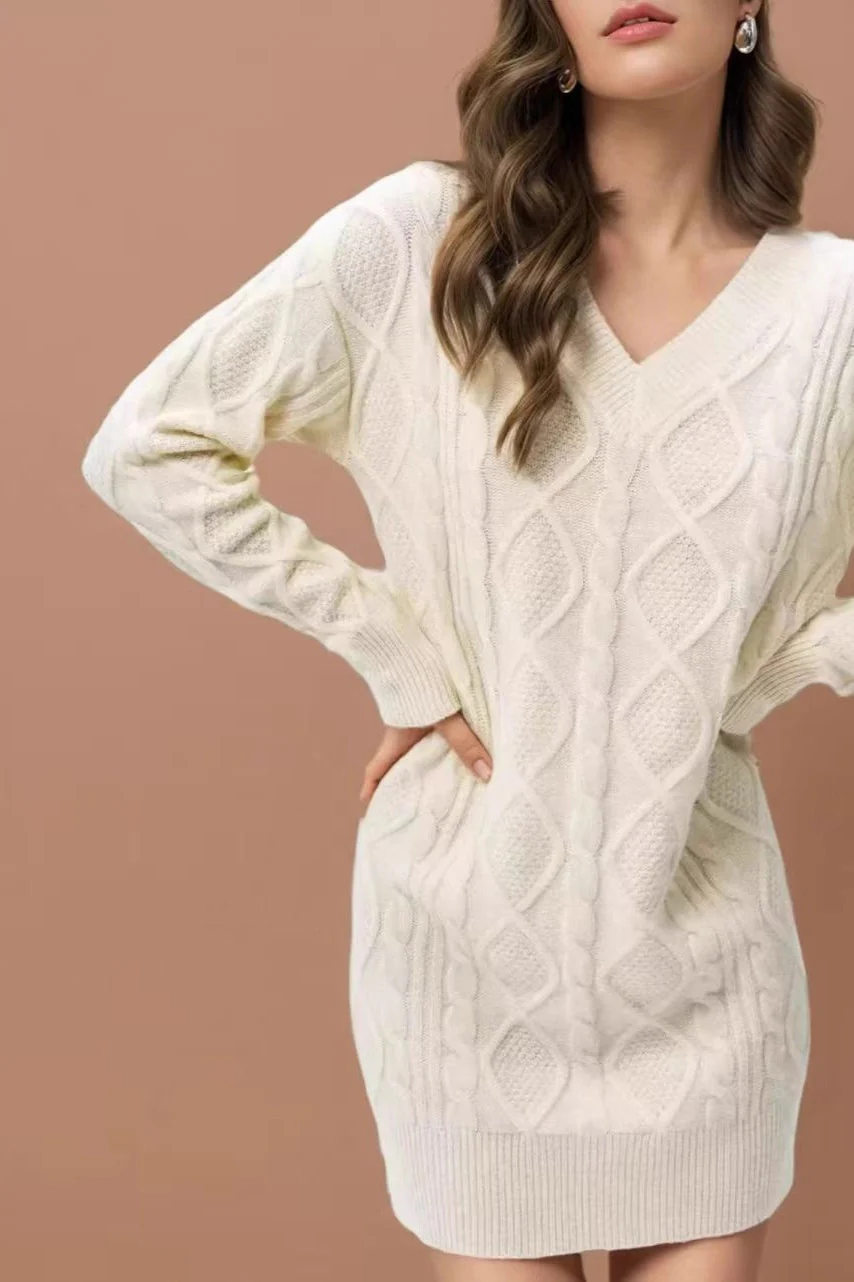 V-Neck Solid Cable-Knit Sweater Mini Dress - Image 7