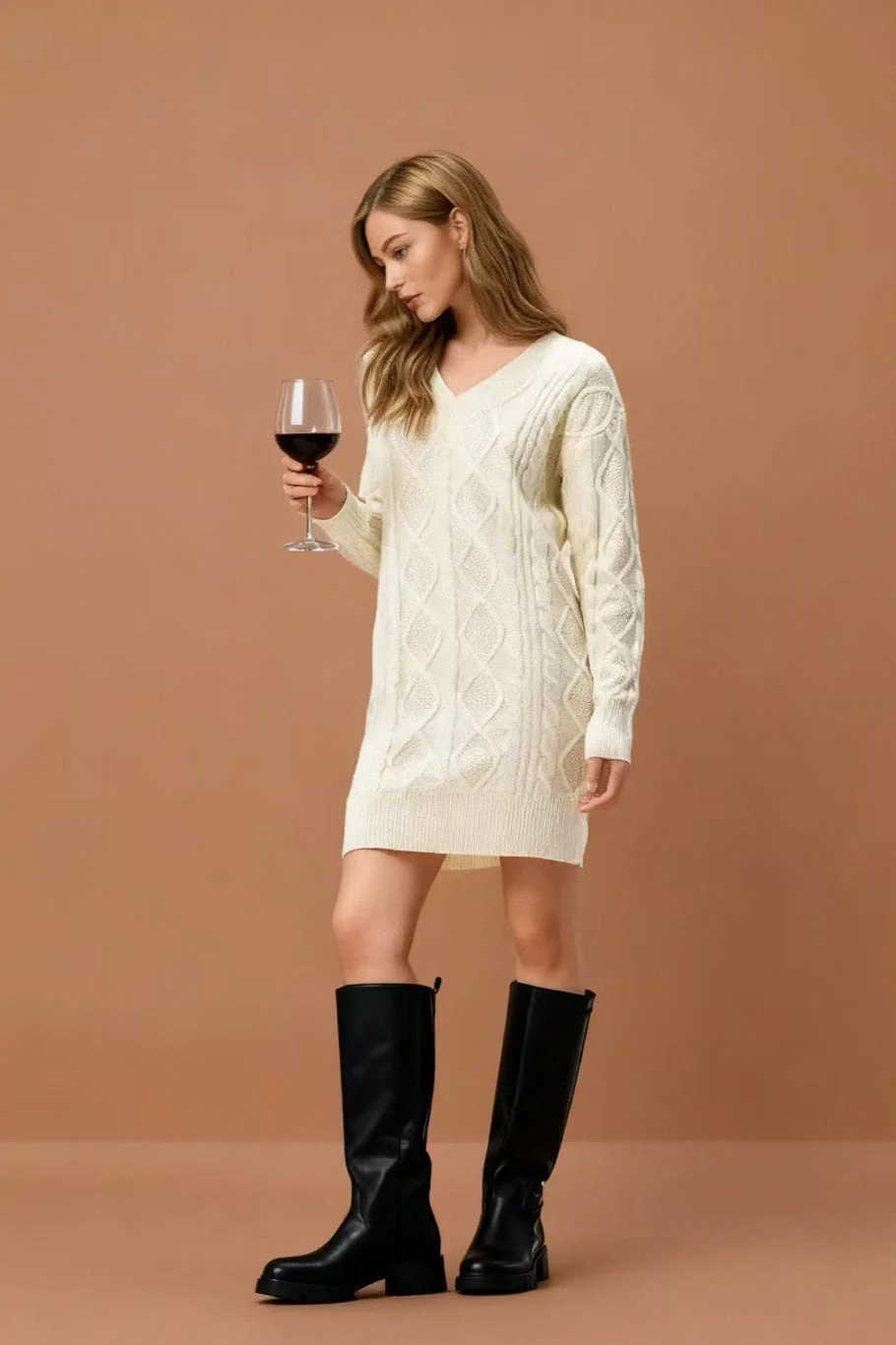 V-Neck Solid Cable-Knit Sweater Mini Dress - Image 8