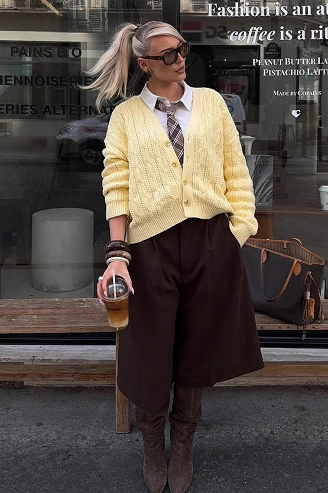 V-Neck Solid Color Single-Row Button Long-Sleeve Knit Cardigan - Image 5