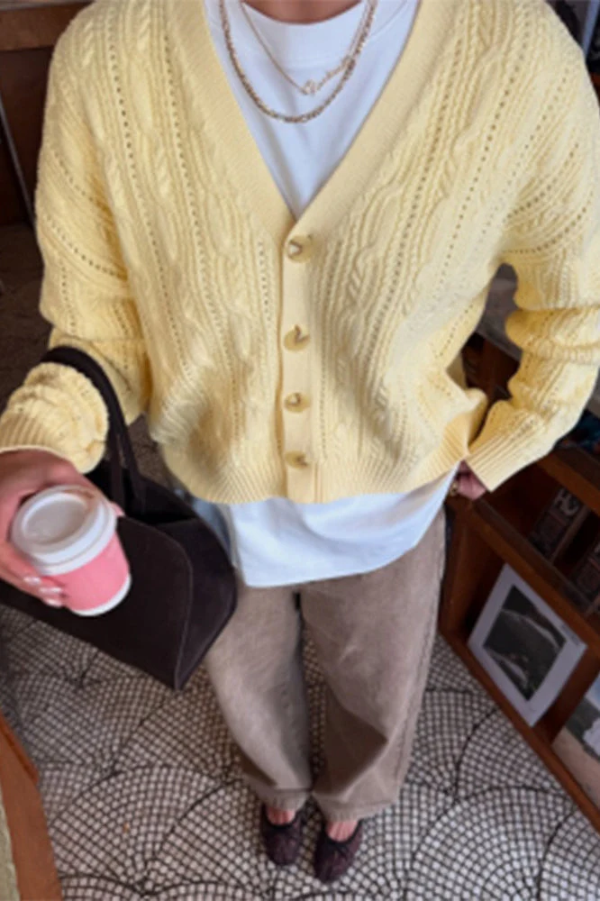 V-Neck Solid Color Single-Row Button Long-Sleeve Knit Cardigan - Image 6