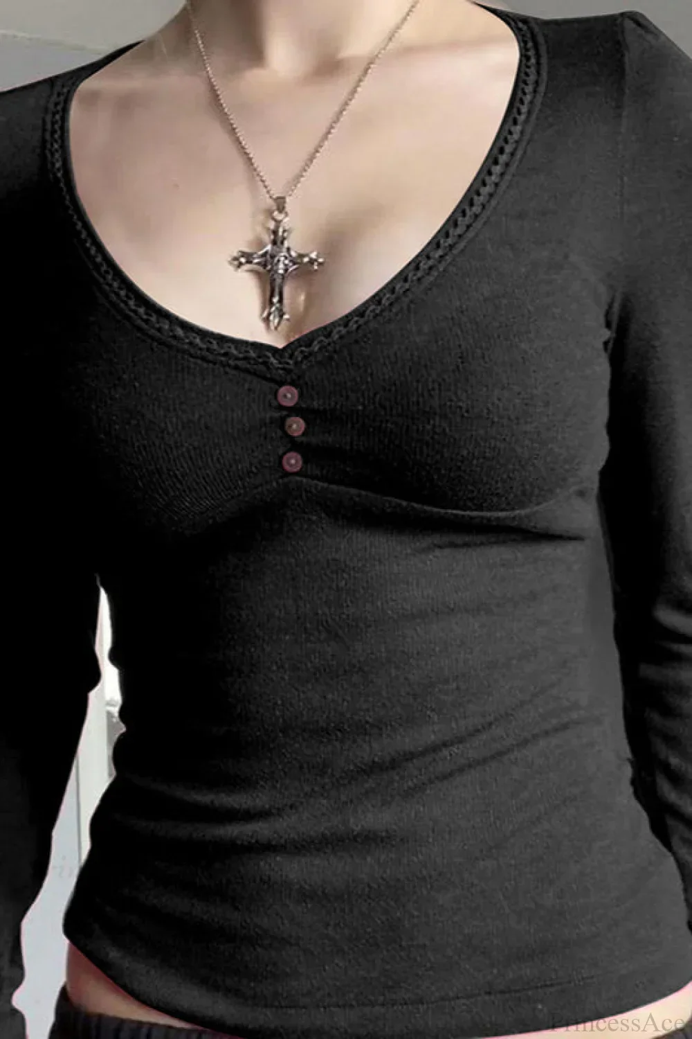 V-Neck Solid Fitted Long Sleeve Tee - Image 3