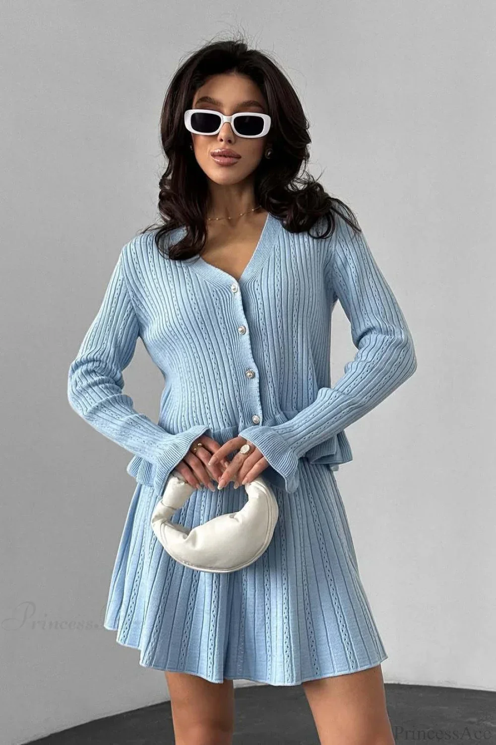 V-Neck Sparkle Ruffled Waist-Cinched Knit Chic Two Piece Set - Image 2