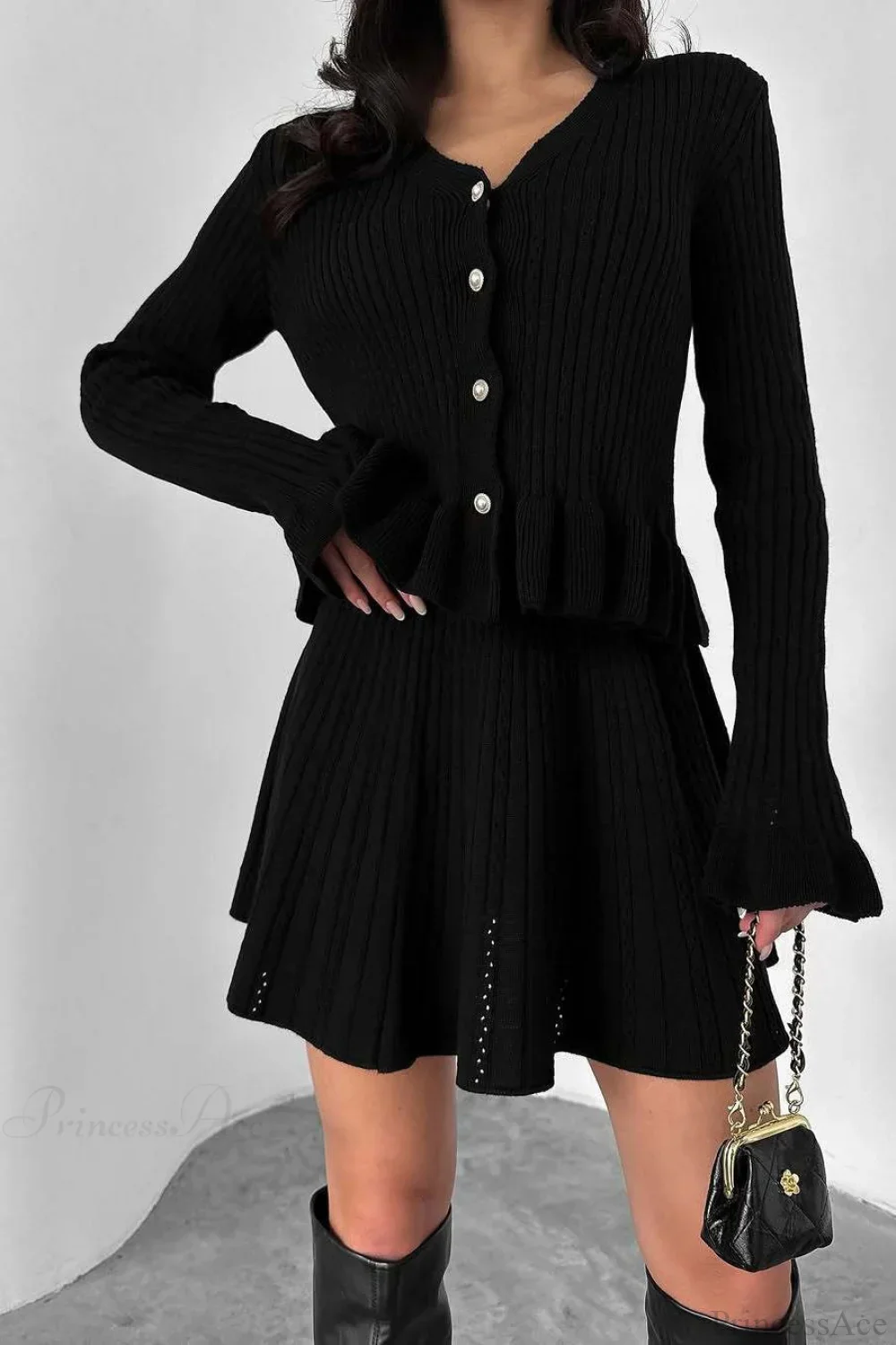 V-Neck Sparkle Ruffled Waist-Cinched Knit Chic Two Piece Set - Image 7