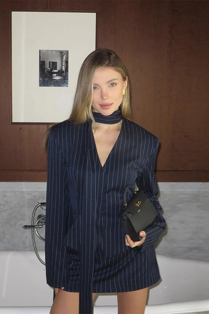 V Neck Striped Fitted Blazer Skirt Two Piece Set - Image 2