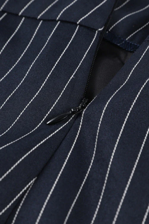 V Neck Striped Fitted Blazer Skirt Two Piece Set - Image 5