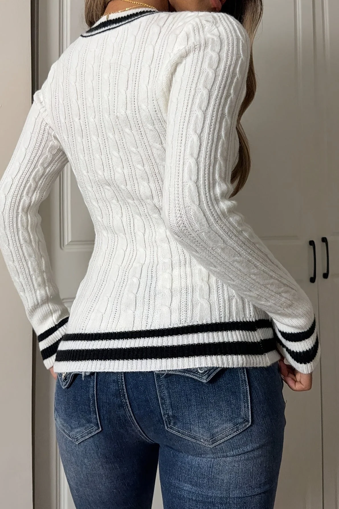 V Neck Striped Long Sleeve Slim Fit Knit Pullover Sweater - Image 4