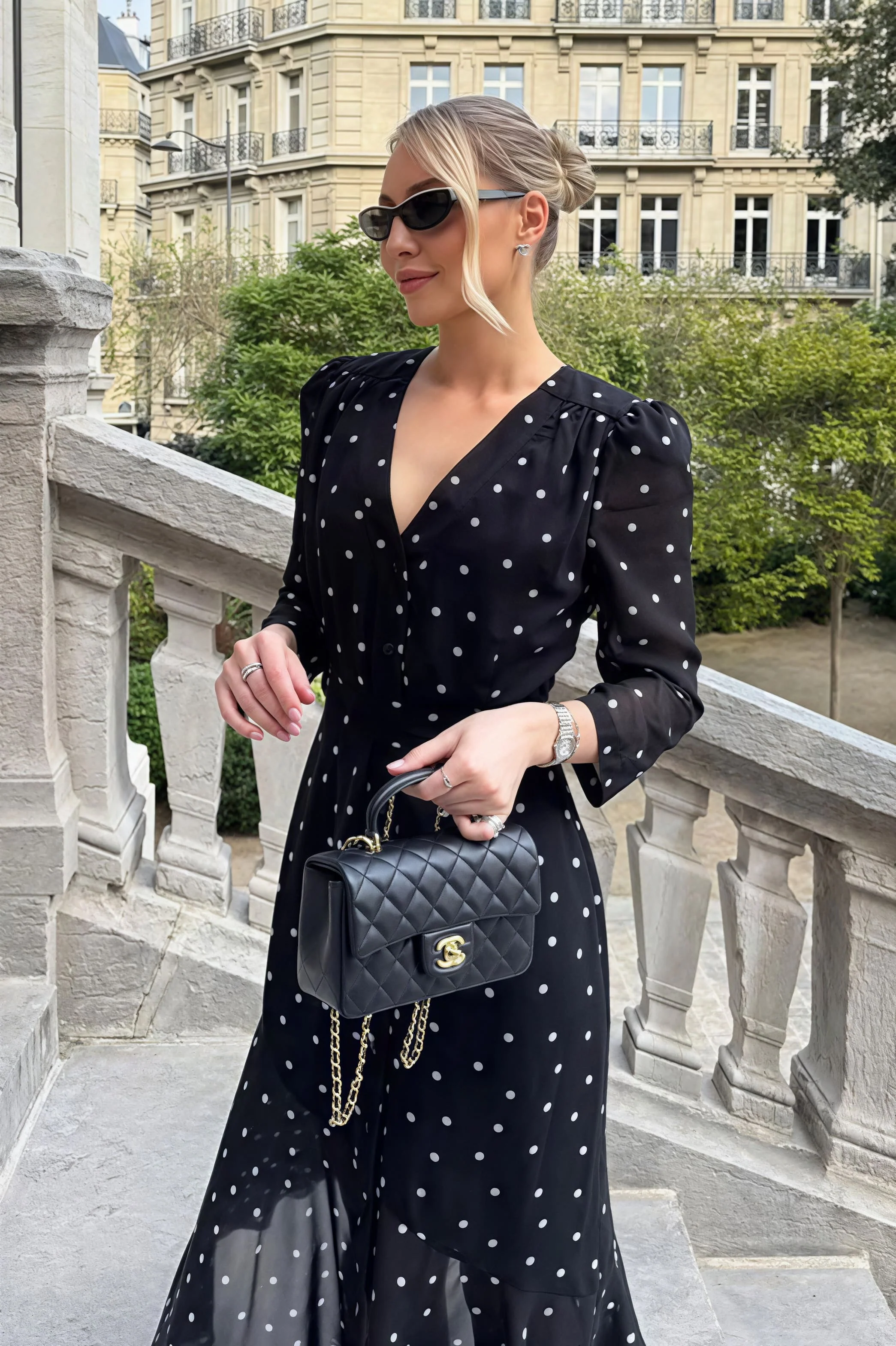 V Neck Waist Long Sleeve High Slit Polka Dot Midi Dress - Image 3