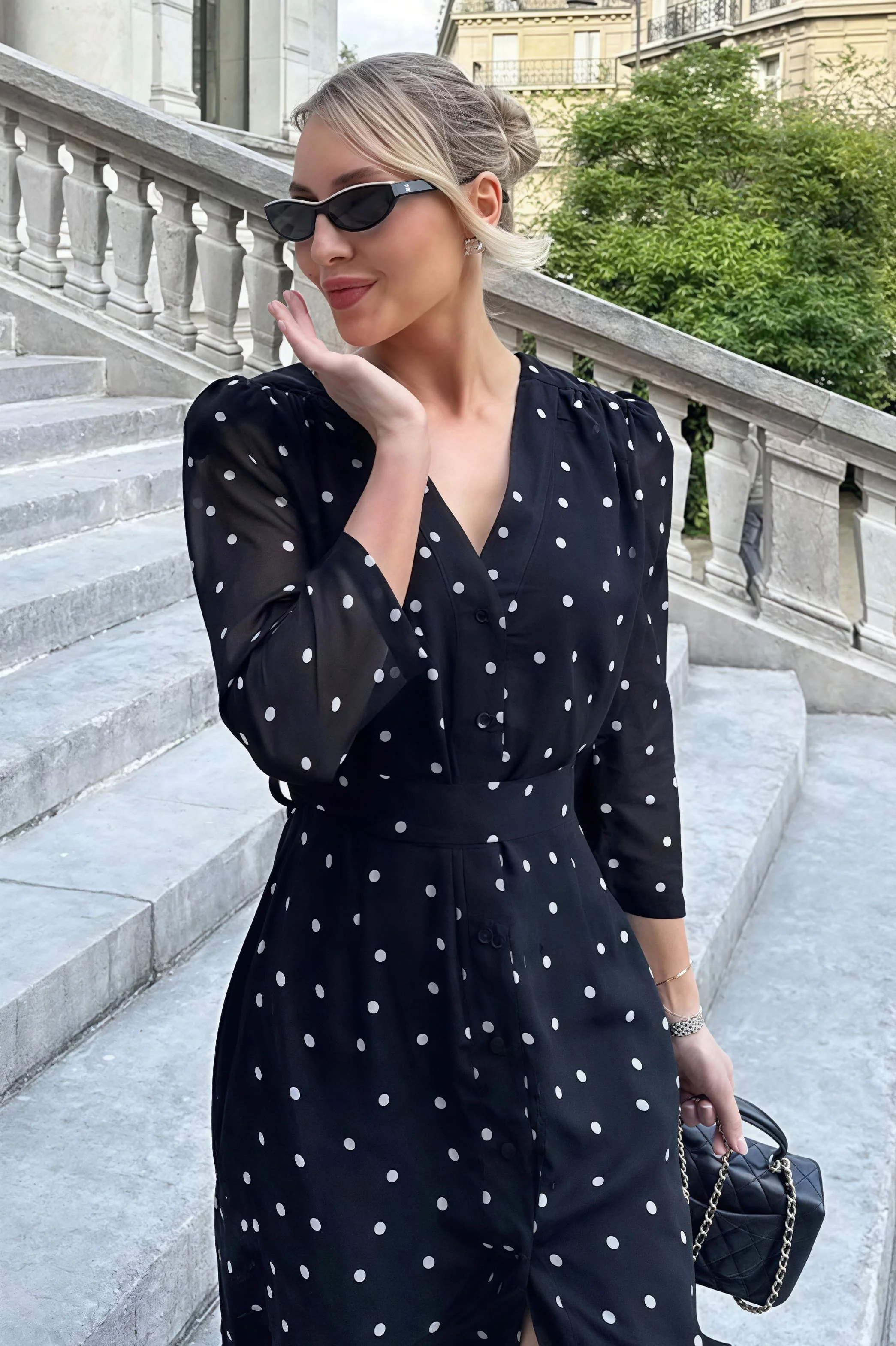 V Neck Waist Long Sleeve High Slit Polka Dot Midi Dress - Image 5