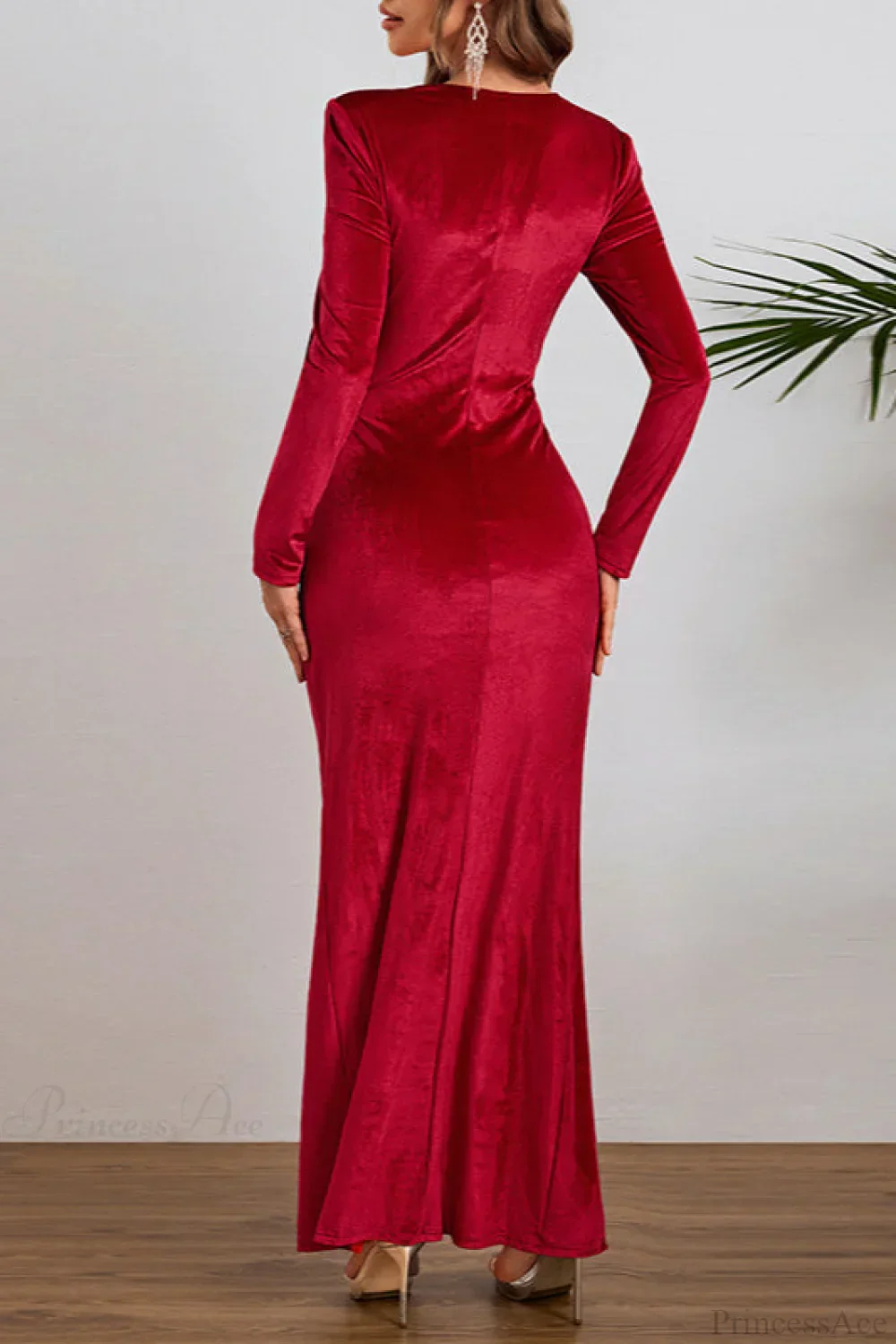 Velvet Long Sleeve Slit Elegant Party Dress - Image 3