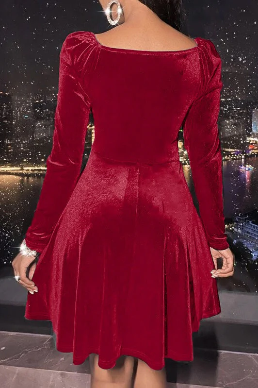 Velvet Solid Long Sleeve V-neck Midi Dress - Image 4