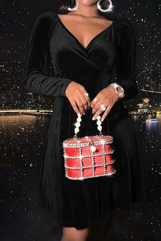 Velvet Solid Long Sleeve V-neck Midi Dress - Image 8