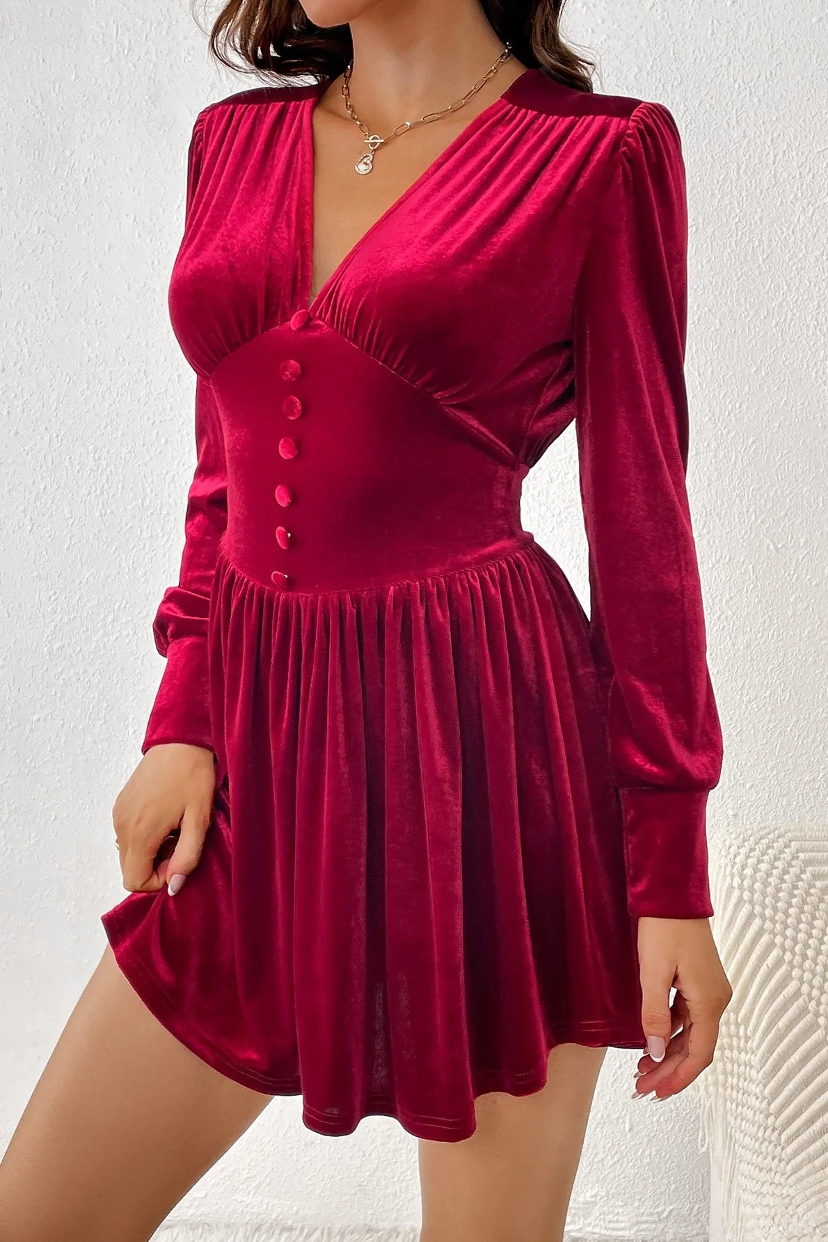 Velvet V-Neck Button Slim Long-Sleeve Mini Dress - Image 3