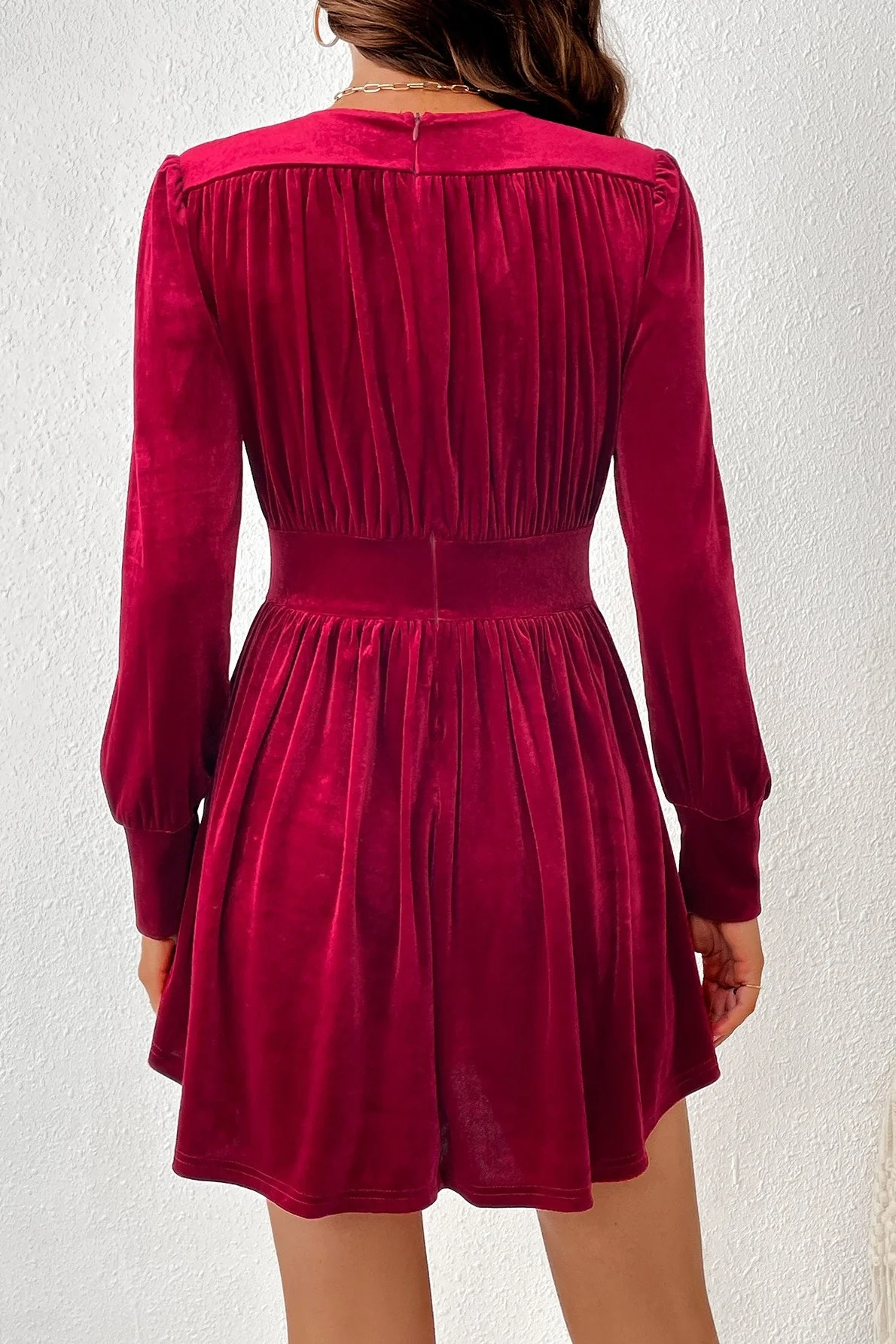 Velvet V-Neck Button Slim Long-Sleeve Mini Dress - Image 5