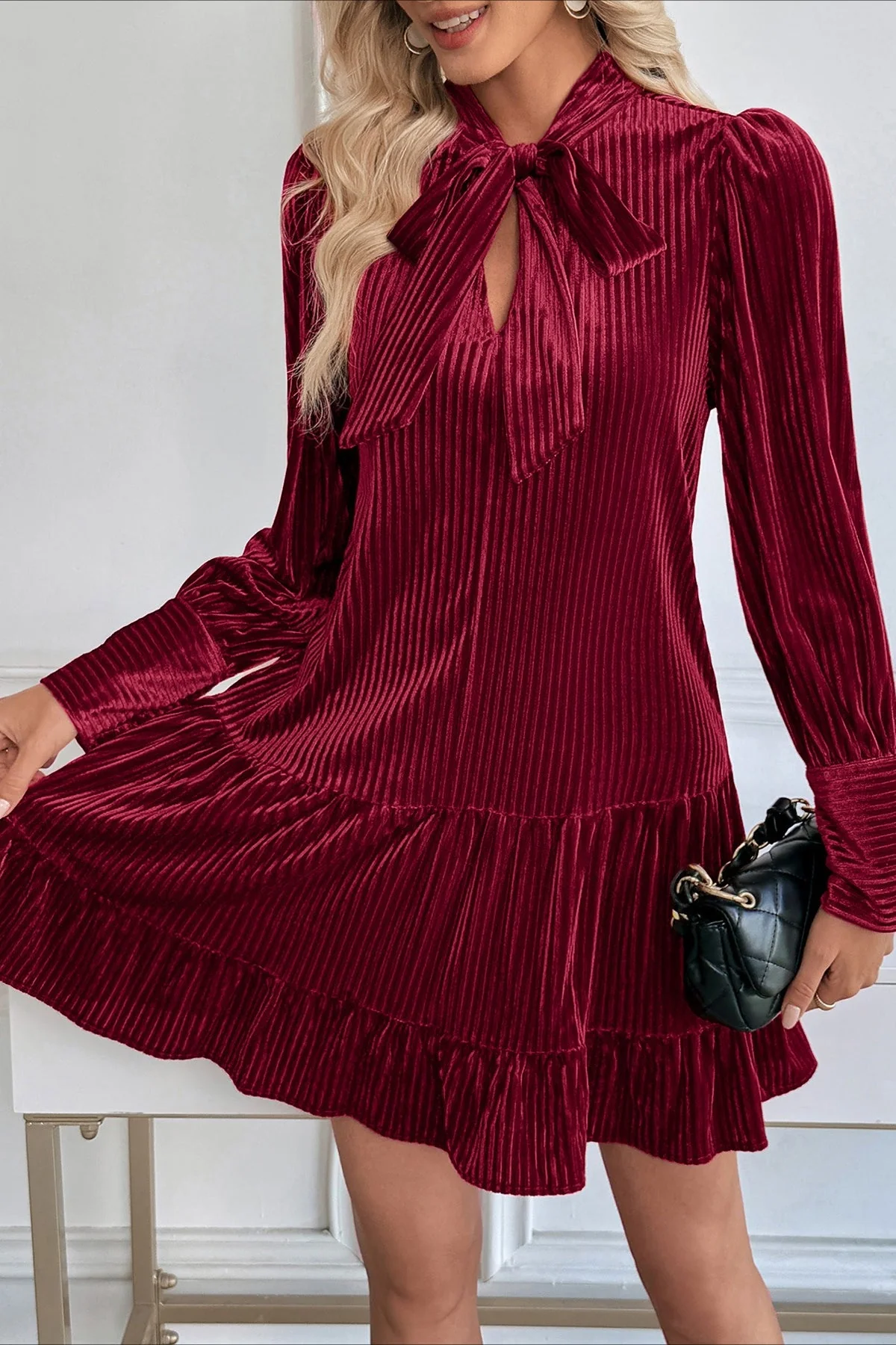Velvet Vintage Bow Collar Flowy Short Mini Dress - Image 3