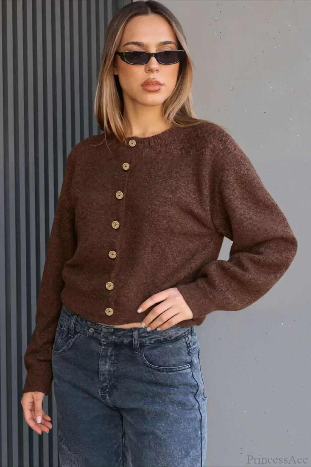 Versatile Crewneck Long Sleeve Button Sweater - Image 2