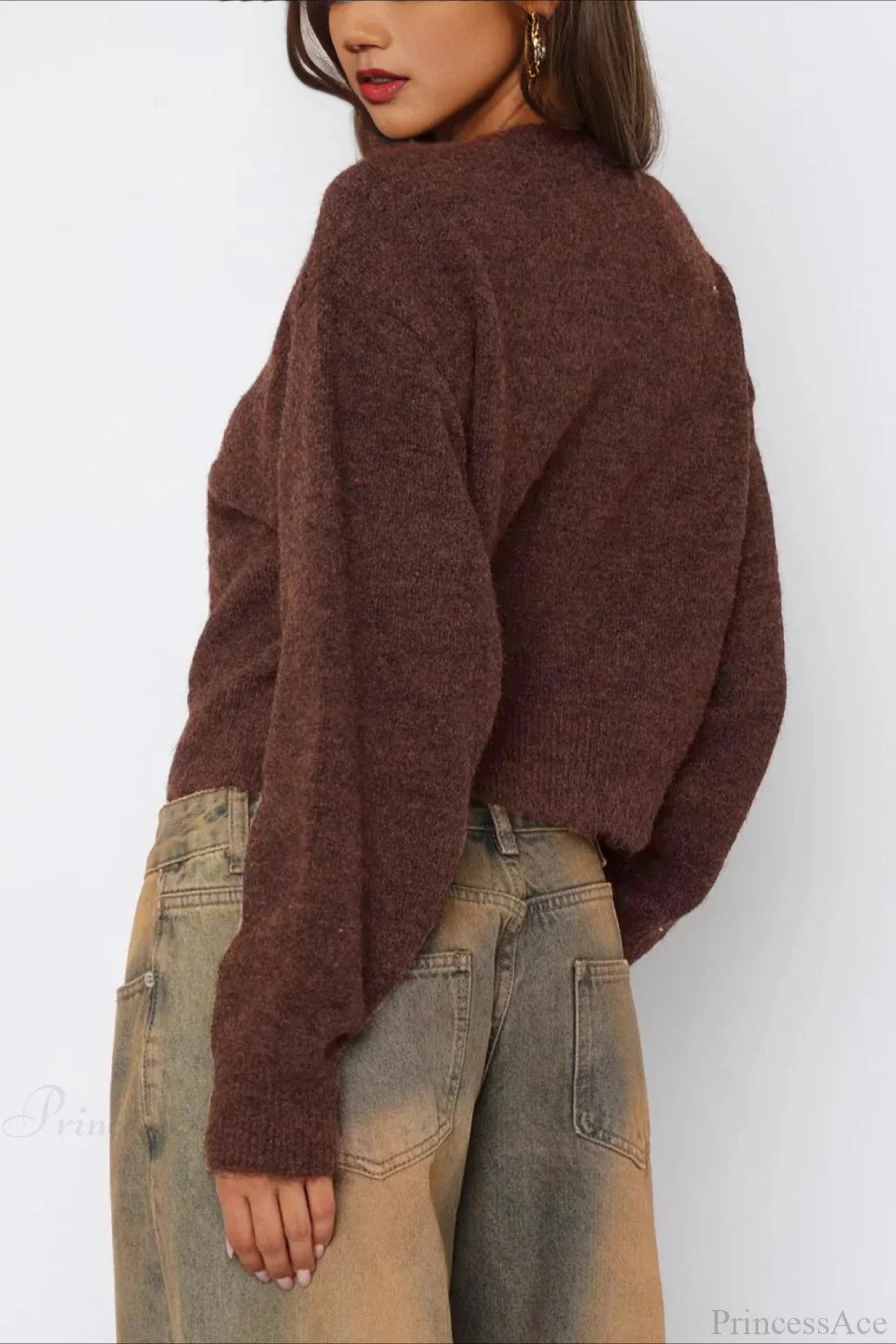 Versatile Crewneck Long Sleeve Button Sweater - Image 3