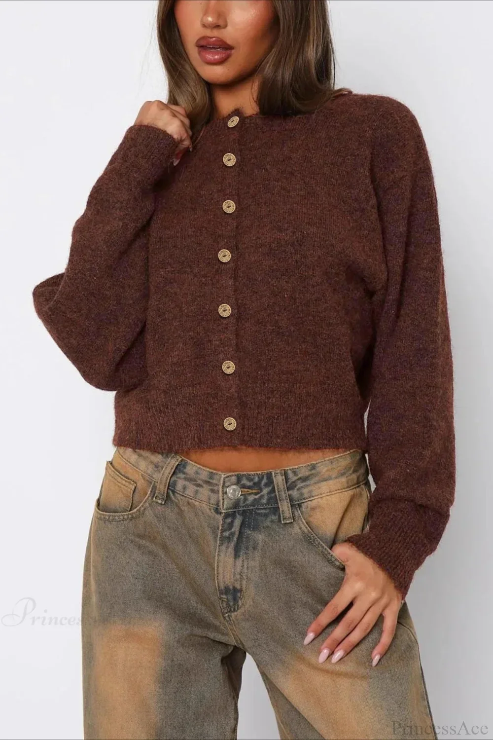 Versatile Crewneck Long Sleeve Button Sweater - Image 5