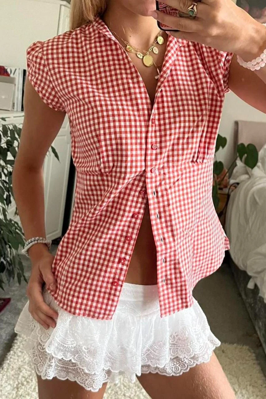 Versatile Red White Plaid Blouse - Image 2