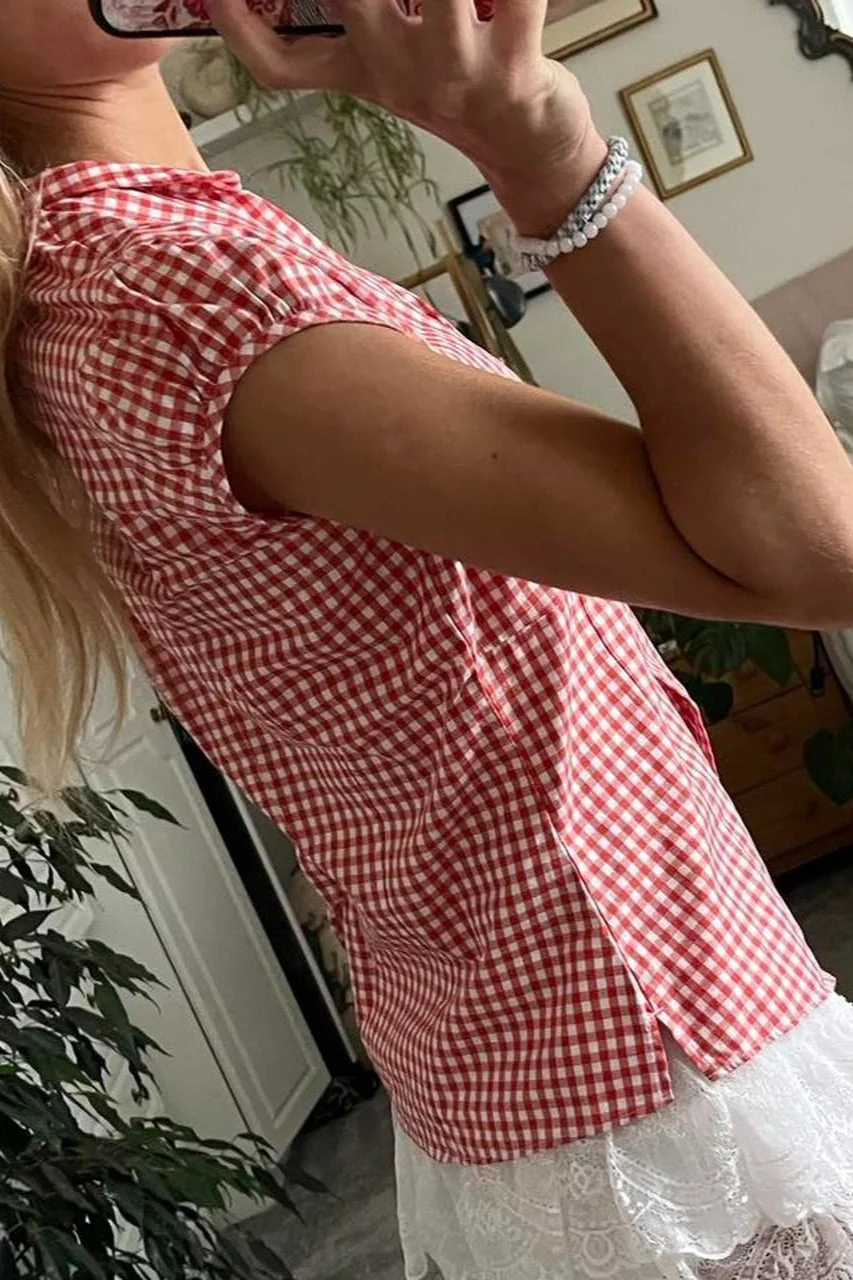 Versatile Red White Plaid Blouse - Image 3