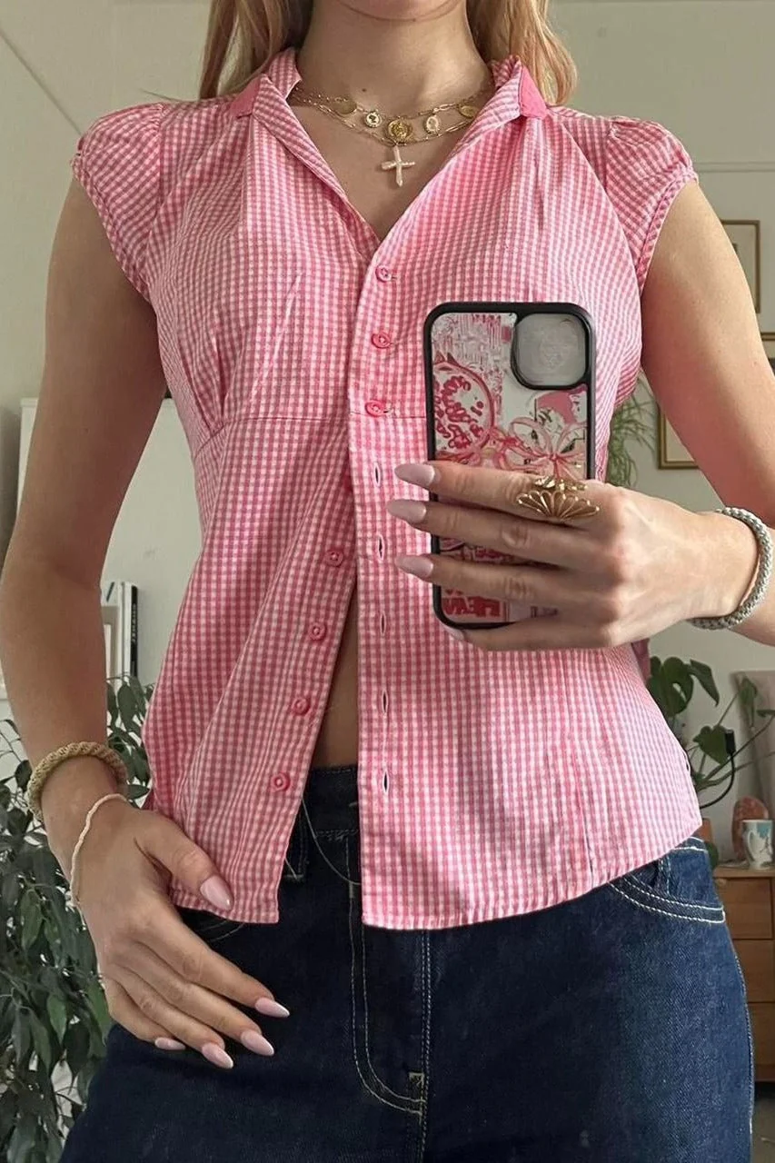 Versatile Red White Plaid Blouse - Image 9