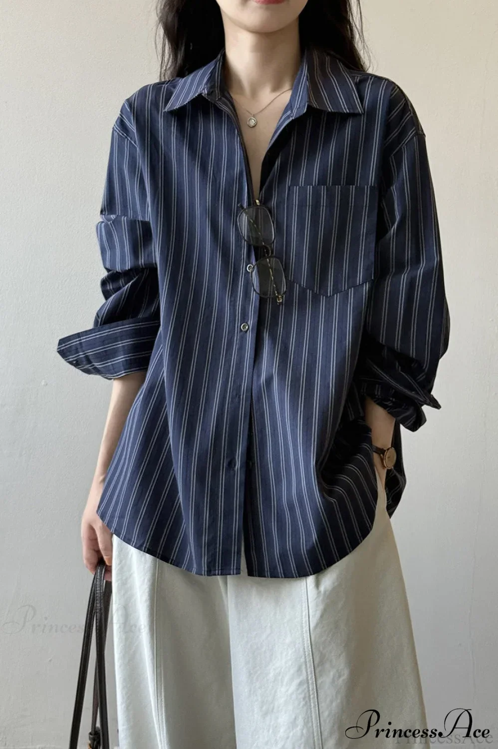 Vertical Stripe Long-Sleeve Cotton Loose Blouse - Image 2