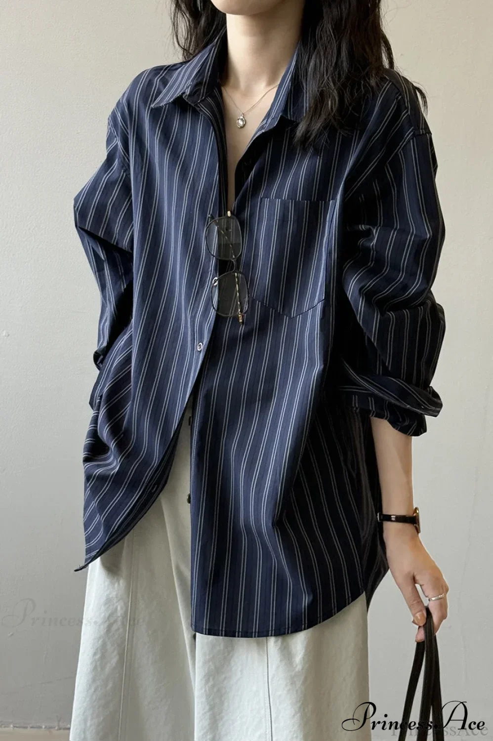 Vertical Stripe Long-Sleeve Cotton Loose Blouse - Image 3
