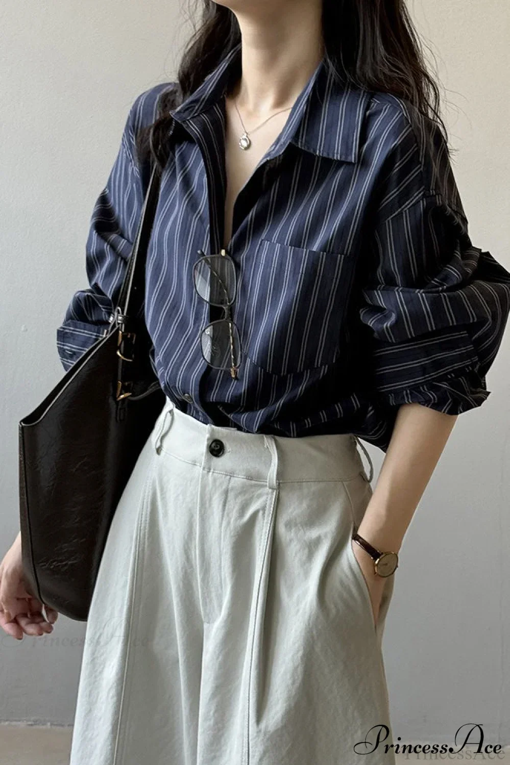 Vertical Stripe Long-Sleeve Cotton Loose Blouse - Image 4